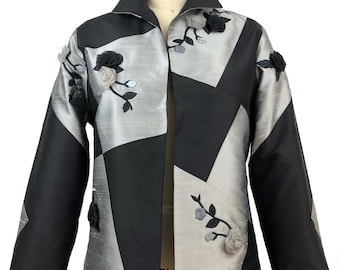 Silk Patchwork Evening Jacket: Embellished Organza Flowers, Size S