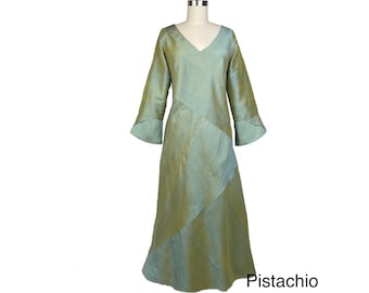 Silk Dress, V-neck, Sleeve with Cuffs detail, Bias Cut A-line Silhouette, Mid Calf Length Dress, Special Occasions and Weddings, Pure Silk