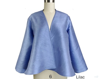 Silk Evening Jacket, Swing Style No-button Silk Jacket, Elegant Silk Cover-up, Wedding and Special Occasion,  Washable Silk Dupioni