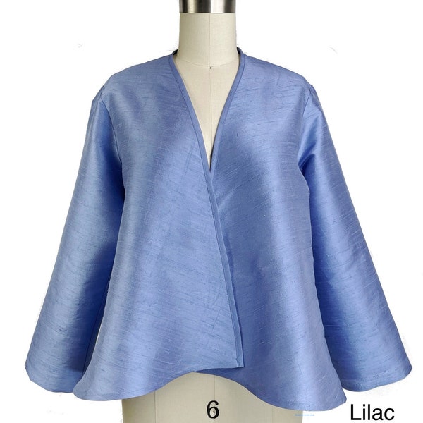 Silk Evening Jacket, Swing Style No-button Silk Jacket, Elegant Silk Cover-up, Wedding and Special Occasion,  Washable Silk Dupioni