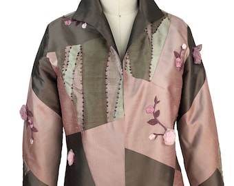 Silk Patchwork Evening Jacket: Embellished Floral Occasion Wear (Size S)