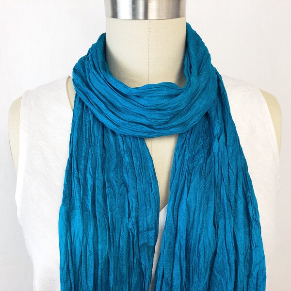 Silk Crinkle Scarf, Teal Silk Crinkle Scarf, Boho Chic Crinkle Chic Scarf, Gift