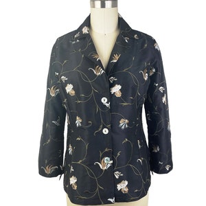 Silk Embroidered Blouse w/3/4 sleeve and notched collar. Black Embroidered Silk jacket for Special Occasions, XS & L in stock