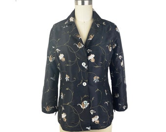 Silk Embroidered Blouse w/3/4 sleeve and notched collar. Black Embroidered Silk jacket for Special Occasions