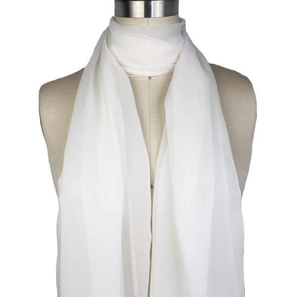 White Silk Large Scarf, 72"x22", Silk Chiffon Fabric, White Silk Chiffon Wrap, Sheer Silk Shawl, Evening Silk Cover Up, Gift for Her