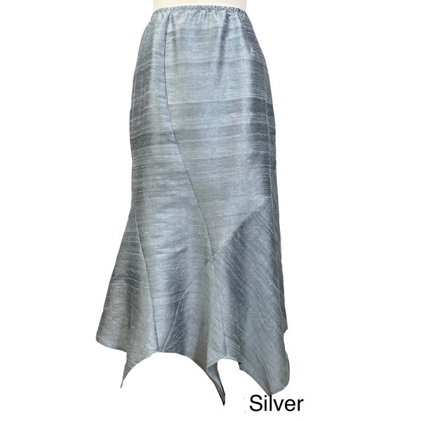 Silk Skirt Hi-Low Style, Mid length, Easy Fit Fit with Elastic Waist and Side Zip. Long Skirt for Special Occasions