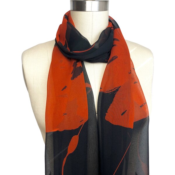 Silk Chiffon Scarf, 68" x 10"  Long, Skinny, Sheer  Silk Scarf, Black/Red Abstract Print Silk Chiffon Fabric, Gift for Her