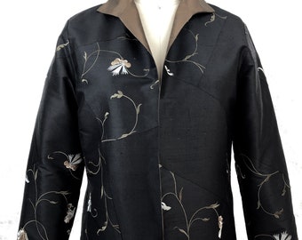 Black Silk Patchwork Evening Jacket: Embroidered Silk Shantung