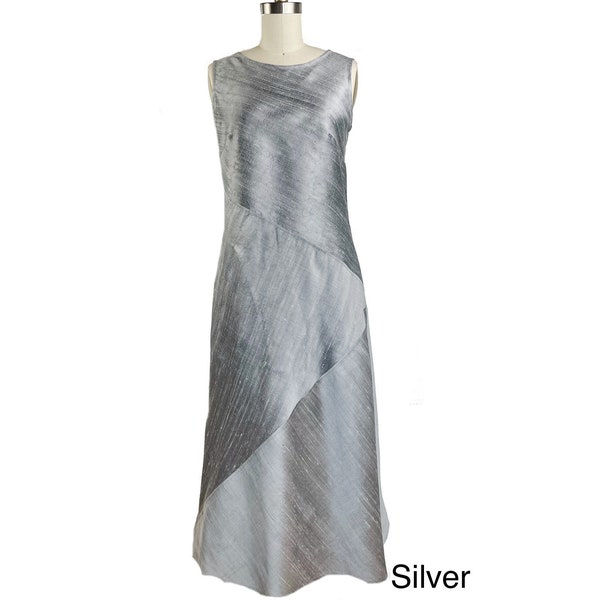 Robe en soie Coupe décontractée, Robe longueur mi-mollet sans manches avec coupe en biais, Mariages et occasions spéciales, Tissu pure soie gris argenté