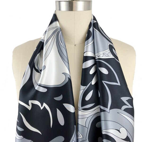 Silk Charmeuse Scarf, Luxury Silk Satin Fabric, Neutral Geometric Silk Print, Black/Grey/White, Elegant Statement Silk Scarf, Gift for Her