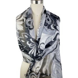 Silk Chiffon Scarf: Black & Grey Floral Print, Sheer Wrap (74x26)