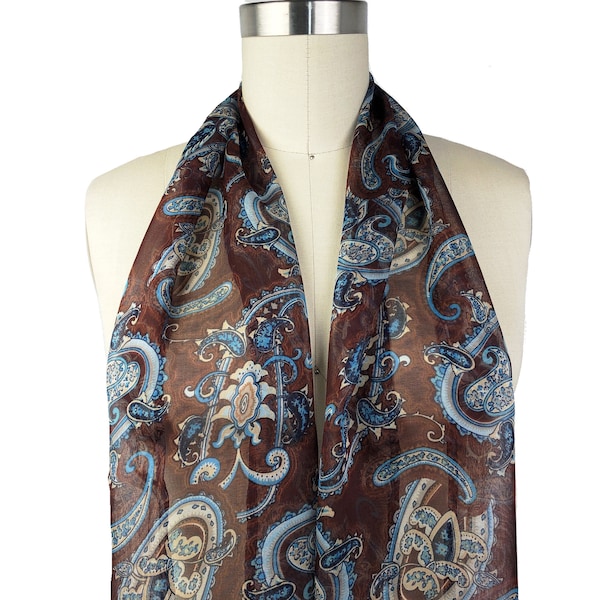 Silk Chiffon Scarf, Sheer Silk Fabric, Brown/Blue Paisley Print, Fashion Accessory, Lightweight Silk Scarf, Gift for Her