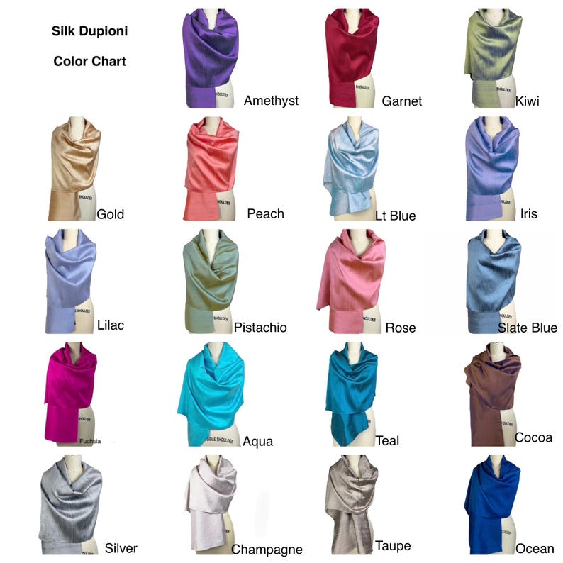 May include: A Silk Dupioni color chart featuring twenty swatches of fabric draped over mannequin forms. Each swatch is labeled with its corresponding color name, including Amethyst, Garnet, Kiwi, Gold, Peach, Lt Blue, Iris, Lilac, Pistachio, Rose, Slate Blue, Fuchsia, Aqua, Teal, Cocoa, Silver, Champagne, Taupe, and Ocean.