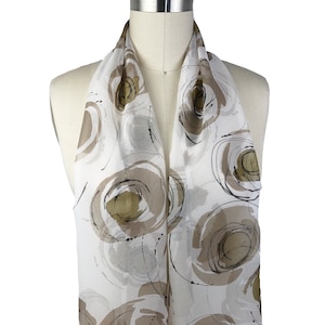 Geometric Silk Chiffon Scarf: Sheer Beige & Black Print