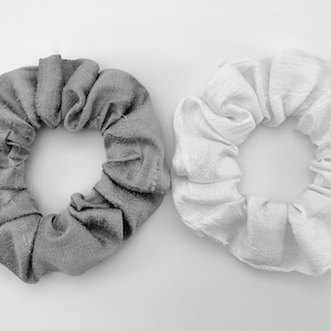 Silk Scrunchies, 2-Pack Silk Dupioni Scrunchies, Luxury Silk Hair Ties, Large Scrunchie, Silver and White Scrunchies,  Made in USA