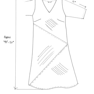 May include: A black and white line drawing of a dress with a V-neckline and short sleeves. The sketch includes measurement annotations indicating a length of approximately 48 to 50 inches and a sleeve length of 17 inches.