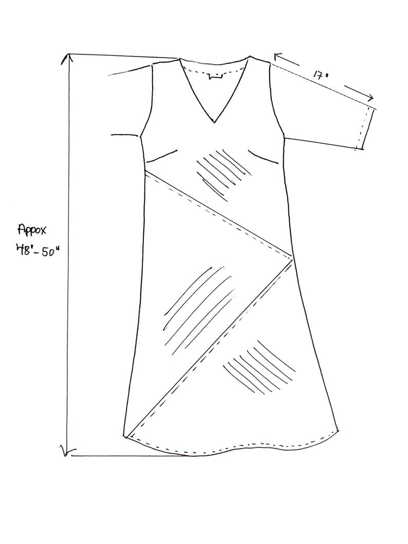 May include: A black and white line drawing of a dress with a V-neckline and short sleeves. The sketch includes measurement annotations indicating a length of approximately 48 to 50 inches and a sleeve length of 17 inches.