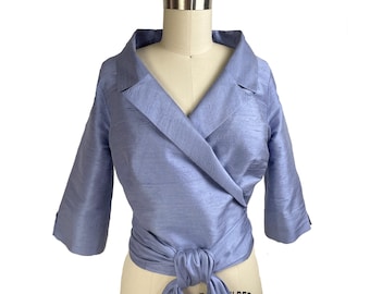 Silk Dupioni Waist-Length Wrap Blouse. Designer Top with Wide Sash, Stand-Up Collar, 3/4 Sleeve with Slits, Wedding and Special Occasion