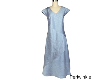 Silk Dress with V-neck and Cap Sleeves, Bias Cut A-line Mid Calf Length Dress, Special Occasions and Weddings, Pure Silk Dupioni Fabric