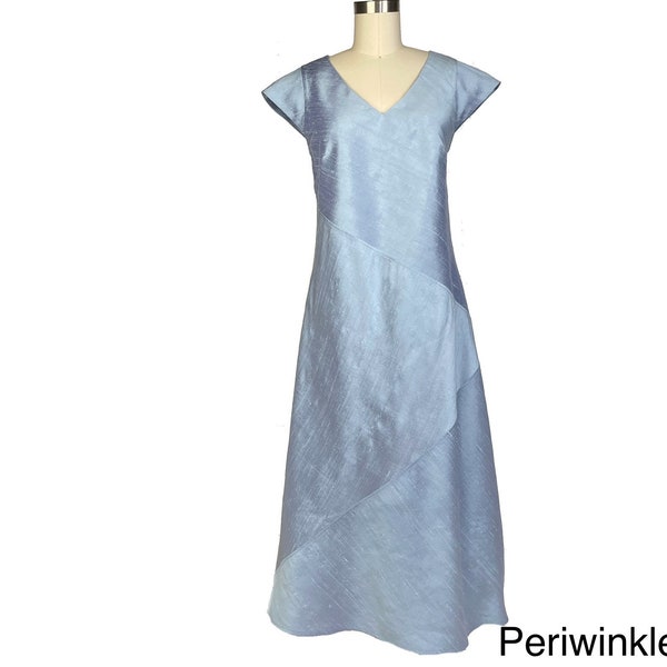 Silk Dress with V-neck and Cap Sleeves, Bias Cut A-line Mid Calf Length Dress, Special Occasions and Weddings, Pure Silk Dupioni Fabric