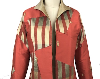 Coral Silk Patchwork Evening Jacket: Embellished Designer Style