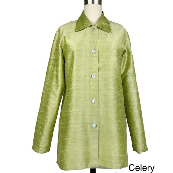 Chemise en soie, longue blouse en soie Dupioni classique avec col et fentes latérales, coupe décontractée, haut en soie intemporel et élégant pour les occasions spéciales.