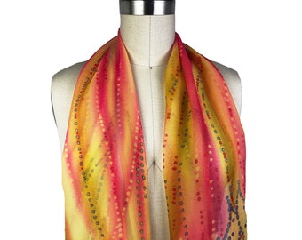 Silk Chiffon Scarf, Sheer Printed Silk Fabric, Multi Colored Print, Fuchsia /Yellow, Colorful Accessory, Gift for Her