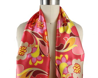 Silk Charmeuse Scarf, Luxury Silk Sateen Fabric, Bright Color Silk Print, Coral/Pink/Yellow, Statement Silk Scarf, 54" x 11", Gift for Her