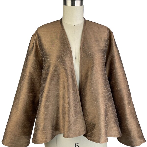 Silk Swing Style Evening Jacket,  No-button Silk Jacket, Elegant Silk Cover-up, Wedding and Special Occasion, Size S in stock