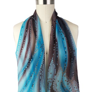 Silk Chiffon Scarf: Aqua Brown Abstract Print, Lightweight Accessory