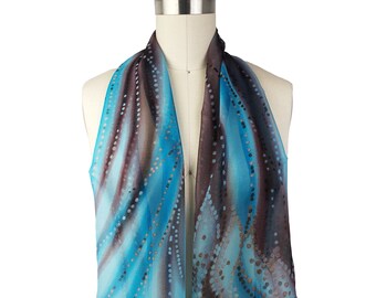 Silk Chiffon Scarf, Sheer Printed Silk Fabric,  Multi-Colored Print, Aqua/Brown Lightweight Fashion Accessory, Abstract Print, Gift for Her