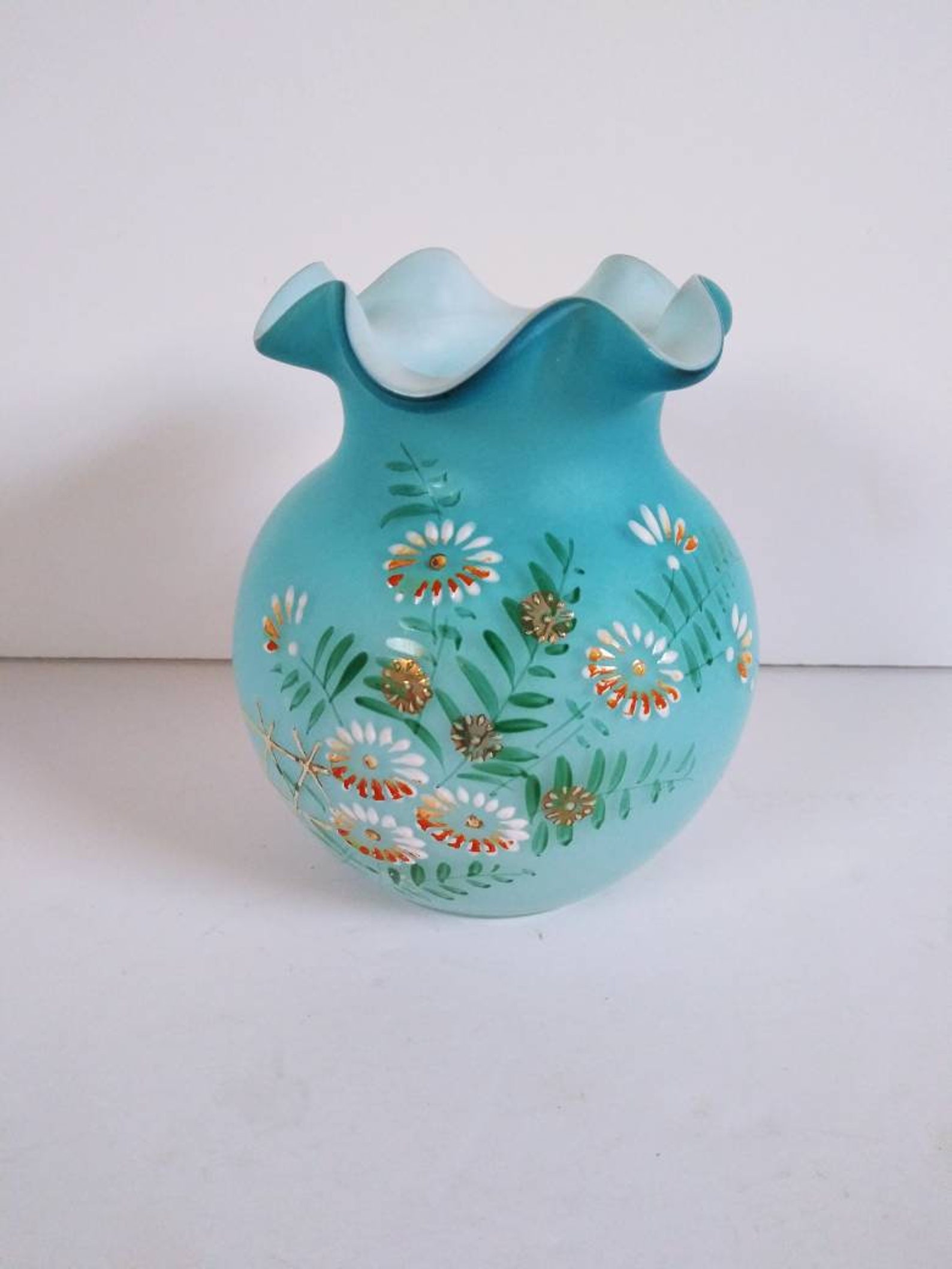 Vintage Blue Satin Glass Rose Bowl Vase With Hand Painted Etsy