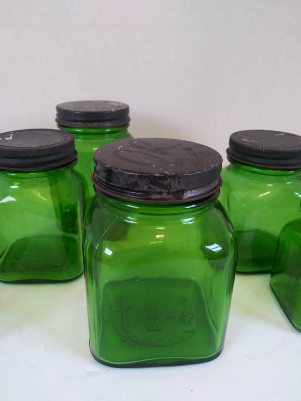 Vintage set of 6 emerald green Duraglas jars Etsy