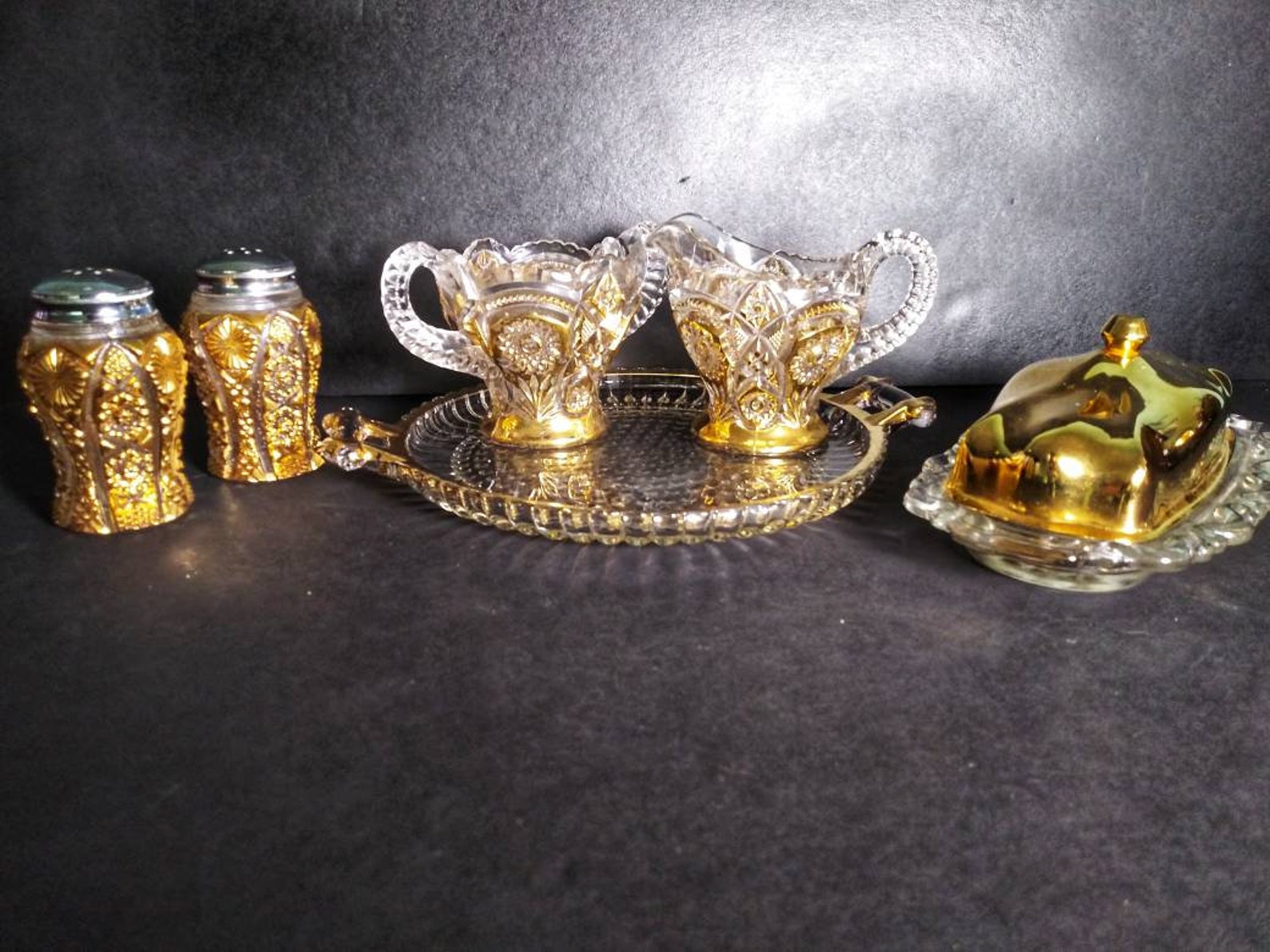 Vintage cut glass and gold serving set Etsy
