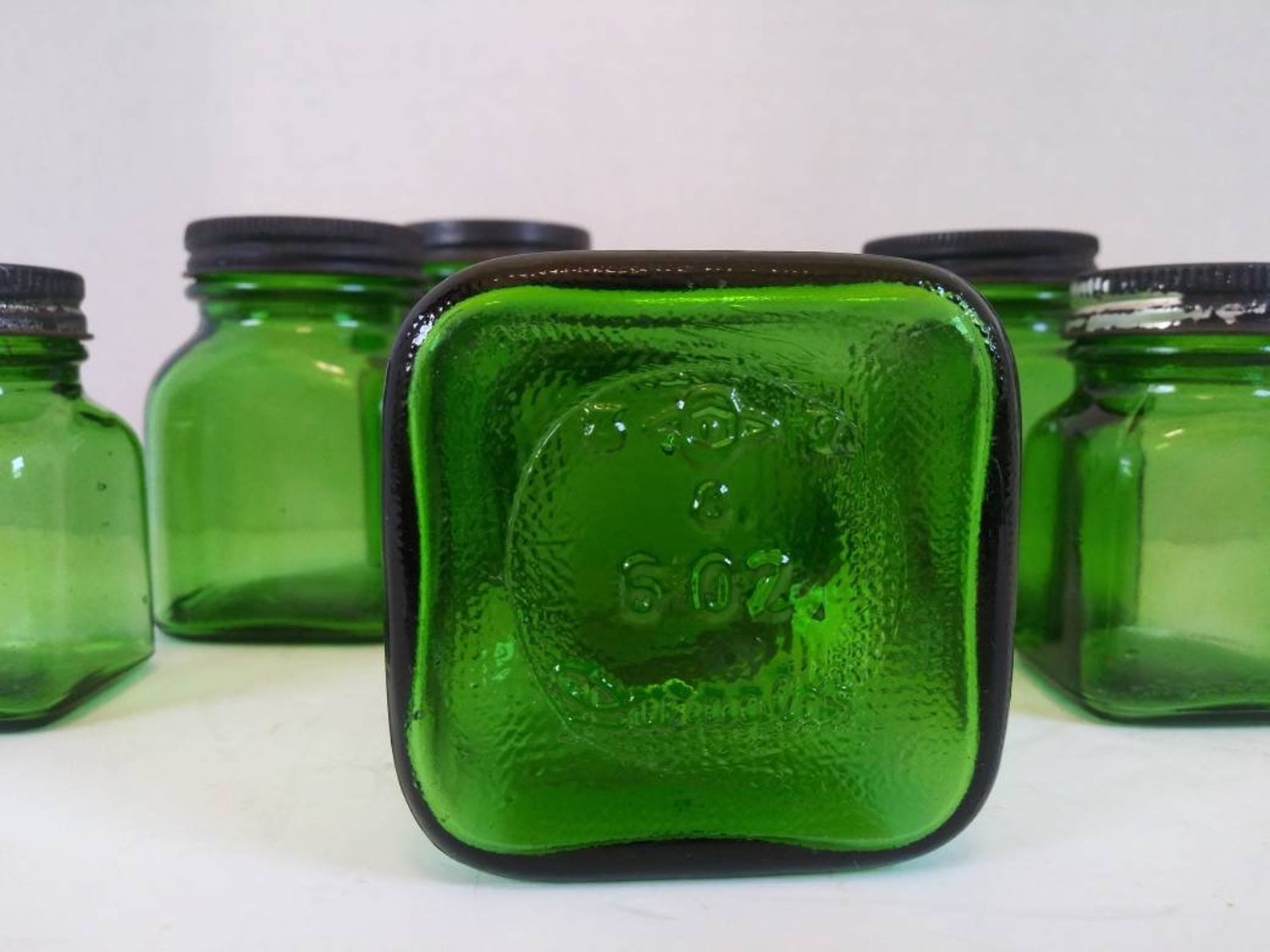 Vintage set of 6 emerald green Duraglas jars Etsy