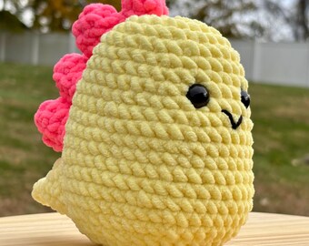 Crochet Baby Dinosaur Plushie: Handmade Yellow Pink Prehistoric Amigurumi Dino, Nursery Decor