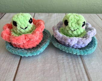 Crochet Frog on Lily Pad Plushie: Handmade Amigurumi Toy, Stuffed Animal Desk Pet Gift