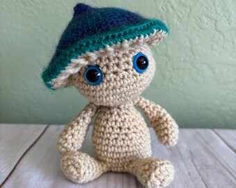 Crochet Mushroom Person Plushie: Handmade Blue Teal Amigurumi Impkin
