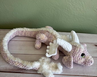 Giant Crochet Dragon Plushie: Amigurumi Fantasy Toy, Purple Pink Orange Speckle, Horns and Wings