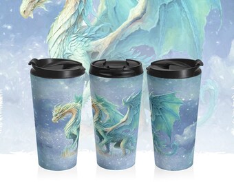 Aqua Dragon Stainless Steel Travel Mug With Black Plastic Lid, Fantasy Art Coffee Tumbler, Insulated For Hot & Cold Beverages, 15oz