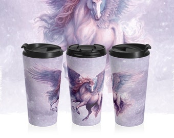 Pegasus Stainless Steel Travel Mug With Black Plastic Lid, Fantasy Art Coffee Tumbler, Insulated For Hot & Cold Beverages, 15oz