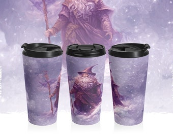 Wizard Stainless Steel Travel Mug With Black Plastic Lid, Fantasy Art Coffee Tumbler, Insulated For Hot & Cold Beverages, 15oz