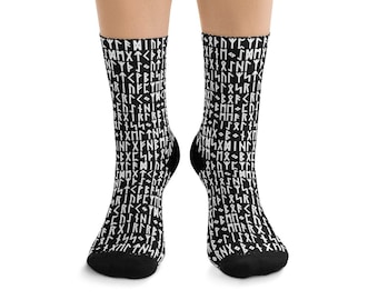 White & Black Viking Runes Socks, 200 Needle Knit Premium Socks, Elder Futhark Runes, Norse Pagan Gift, Viking Gift - One Size Fits Most