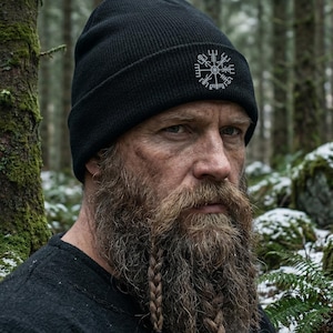 Gray Embroidered Vegvisir Beanie: Viking Compass, Hypoallergenic Acrylic
