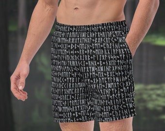 Gray & Black Viking Runes Men's Swim Trunks, Norse Pagan Swimwear, Ancient Symbols Men's Lined Swimsuit, Elastic Waistband, UPF 50+