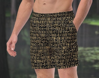 Gold & Black Viking Runes Men's Swim Trunks, Norse Pagan Swimwear, Ancient Symbols Men's Lined Swimsuit, Elastic Waistband, UPF 50+