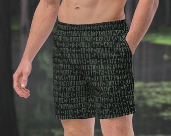 Forest & Black Viking Runes Men's Swim Trunks, Norse Pagan Swimwear, Ancient Symbols Men's Lined Swimsuit, Elastic Waistband, UPF 50+