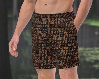 Copper & Black Viking Runes Men's Swim Trunks, Norse Pagan Swimwear, Ancient Symbols Men's Lined Swimsuit, Elastic Waistband, UPF 50+