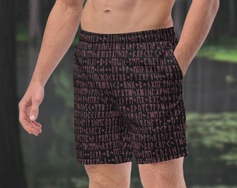 Maroon & Black Viking Runes Men's Swim Trunks, Norse Pagan Swimwear, Ancient Symbols Men's Lined Swimsuit, Elastic Waistband, UPF 50+