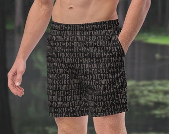 Brown & Black Viking Runes Men's Swim Trunks, Norse Pagan Swimwear, Ancient Symbols Men's Lined Swimsuit, Elastic Waistband, UPF 50+